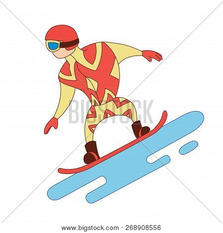 Riding Snowboarder In A Red Suit. Winter Games Vector Illustration.