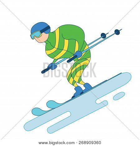 Riding Skier. The Athlete Moves Down The Hill. Winter Games Vector Illustration.