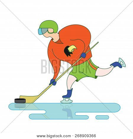 A Hockey Player With A Stick And A Puck On The Ice. Vector Illustration On White Background.