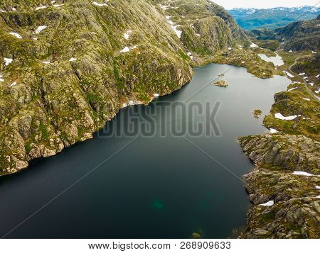 Aerial View. Lakes In Stone Rocky Mountains. Norway Landscape. Norwegian National Tourist Scenic Rou