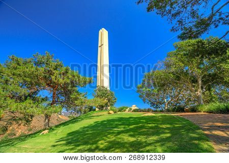 Malibu, California, United States - August 7, 2018: Phillips Theme Tower, Monumental Cross, Symbol O