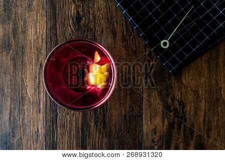 Boulevardier Cocktail With Lemon Peel. Beverage Concept.