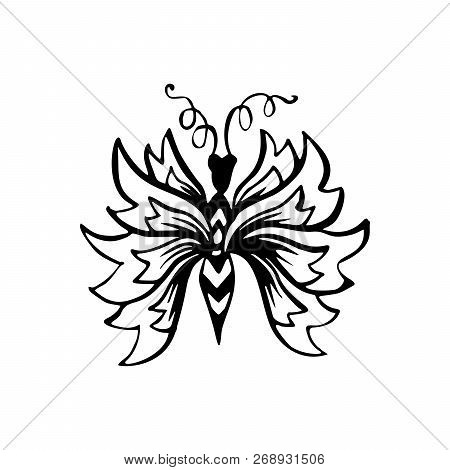 Butterflies Coloring Book Page, Contour Line Marker Brush. Flying Hand Drawn Insect. With Curl Ornam