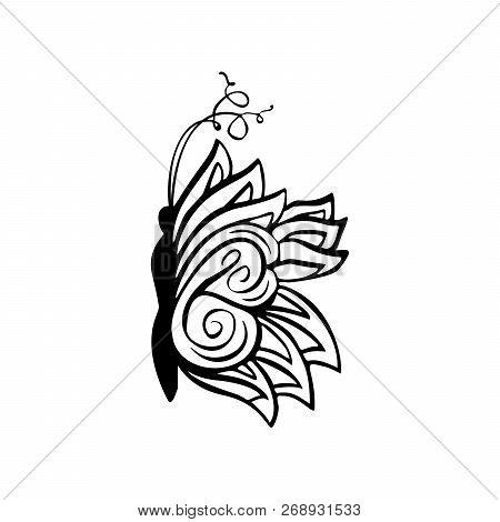 Butterflies Coloring Book Page, Contour Line Marker Brush. Flying Hand Drawn Insect. With Curl Ornam