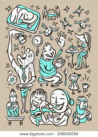 Character Set Of Drinking Coffee People. Funny Illustration Of People In Cafe. Sitting In Coffee Sho