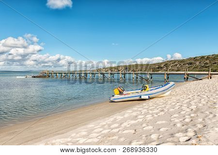 West Coast National Park, South Africa, August 20, 2018: A Speedboat At A Beach In Kraalbaai In The 