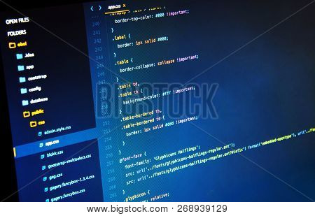 Making Css3 Code On The Blue Background In The Code Editor, Closeup