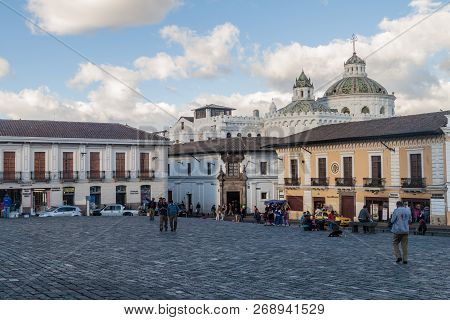 Quito, Ecuador - June 23, 2015: Plaza San Francisco Square And La Compania De Jesus Church In Old To