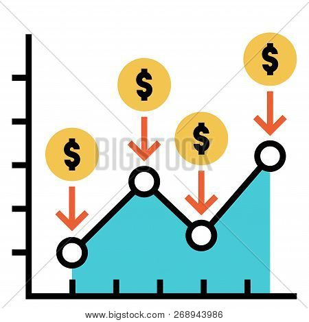 Line Chart With Dollar Icon And Down Arrows Vector Illustration In Flat Outline Design