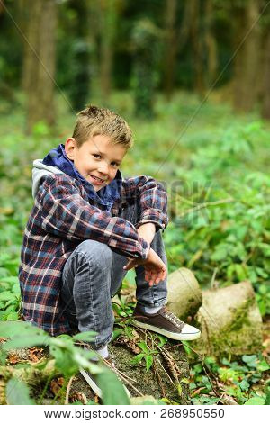 Being Like Forest, Revitalizing And Constantly Growing. Small Boy Relax In Forest. Small Boy On Fore