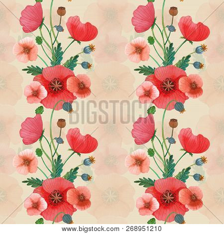 Flowers Poppies Watercolor Pattern Set Illustration Seamless