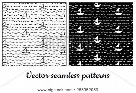 Seamless Pattern Ships On The Waves. Black And White Image.