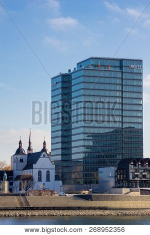 View Of The Lanxess Building And The Abbey Deutz In Cologne Germany 2018.