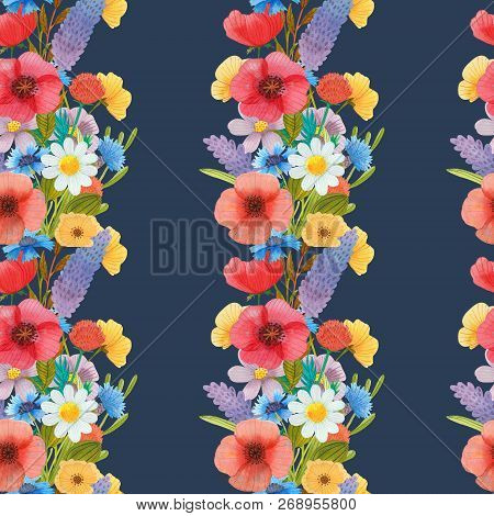 Wild Flowers Watercolor Pattern Set Illustration Seamless