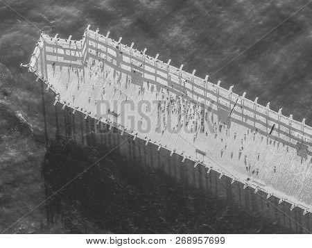 An Aerial Shot Of The Pier Leading To The Ss Palo Alto, A Cement Ship Beached At Seacliff
