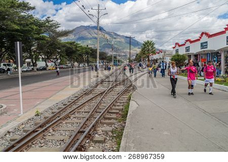 Ibarra, Ecuador - June 28, 2015: Railway Tracks At Espejo Street In Ibarra Town, Ecuador