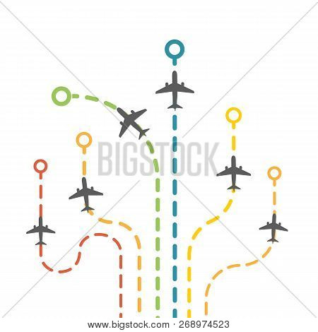 Vector Dotted Route Of Flight Set With Air Planes. Collection Of Colorful Plane Traces. Airplanes Tr