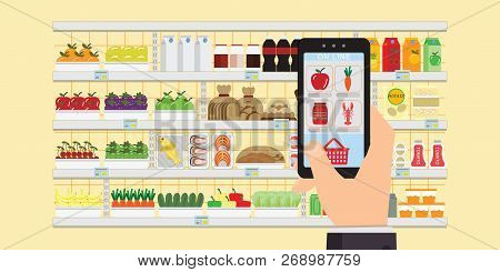 Hand Holding Smartphone With Shopping App,grocery Delivery Internet Order, Online Supermarket Concep