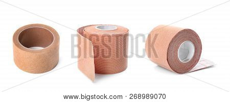 Set With Medical Sticking Plaster Roll On White Background. First Aid
