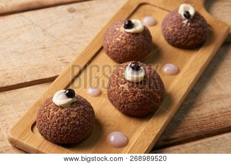 Cake Brioche Shu Cream Chantilly, Eclair. Sweet Breakfast Desser