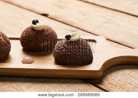 Cake Brioche Shu Cream Chantilly, Eclair. Sweet Breakfast Desser