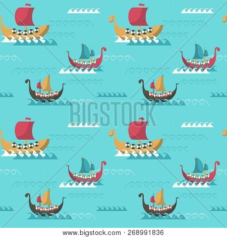 Vector Seamless Pattern With Viking Age Longships