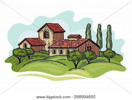 Rural Landscape With Villa Or Farmhouse, Field, Trees And Cypress Trees. Vector Illustration. Isolat