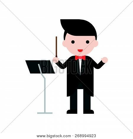 Band Master And Music Stand, Set Profession Character Of People In Uniform, Flat Design.