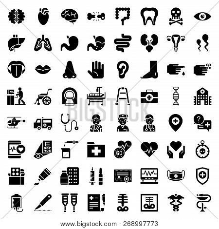 Hospital, Health Care And Pharmaceutical Related Icon Such As Organ, Certificate, X-ray Film, Bone F