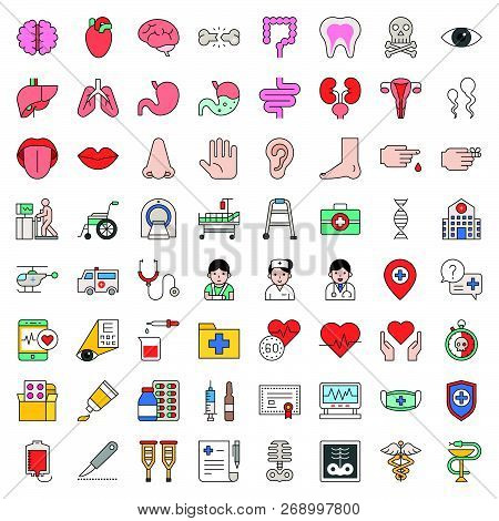 Hospital, Health Care And Pharmaceutical Related Icon Such As Organ, Certificate, X-ray Film, Bone F