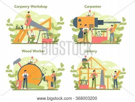 Woodworker Or Carpenter Concept Set. Builder Wearing Helmet