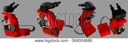 Images Of Red Laboratory Microscope With Cpu Block Of Fictive Design Isolated On Grey Color - Photor