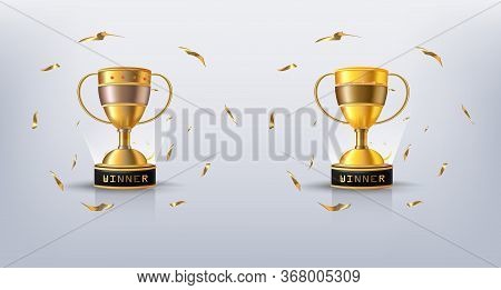 Golden Champion Cup. Realistic. 3d. Silver And Gold Color. Sports Award. Set Of Golden Cups. Vector 