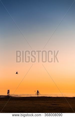 A Verticled Frame Of The Coastal Sea Line In The Sunset Golden Light With The Silhouettes Of People 
