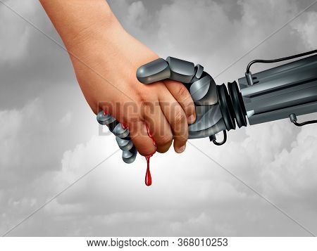 Danger Of Artificial Intelligence Or Ai Risk To Humans As A Robot Holding And Hurting The Hand Of An