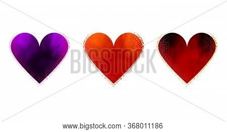 Multicolored Set Of Romantic Hearts In 3d. Gold, Pink, Red, Purple, Orange, Pink And Purple Colors. 