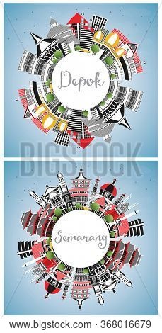 Semarang and Depok Indonesia City Skylines Set with Color Buildings, Blue Sky and Copy Space. Travel and Concept with Modern Architecture. Cityscapes with Landmarks.