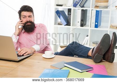 Managing Director. Manager Talk On Phone Using Laptop. Office Manager Work At Desk. General Manager 