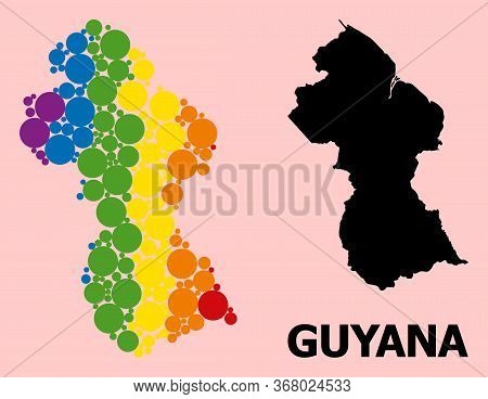 Rainbow Vibrant Collage Vector Map Of Guyana For Lgbt, And Black Version. Geographic Collage Map Of 