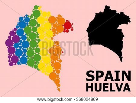 Spectrum Vibrant Mosaic Vector Map Of Huelva Province For Lgbt, And Black Version. Geographic Concep