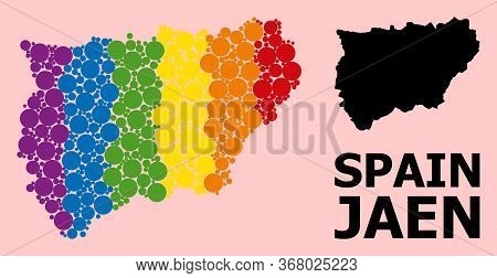 Rainbow Colored Collage Vector Map Of Jaen Spanish Province For Lgbt, And Black Version. Geographic 