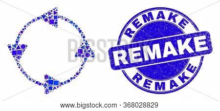 Geometric Ccw Circulation Arrows Mosaic Pictogram And Remake Seal Stamp. Blue Vector Round Textured 
