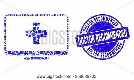 Geometric Computer Medicine Mosaic Icon And Doctor Recommended Seal Stamp. Blue Vector Round Grunge 