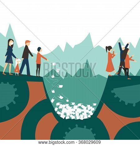People Take Off Their Medical Masks And Throw Them Into The Pit. Color Vector Cartoon Illustration. 