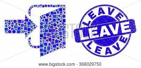 Geometric Exit Door Mosaic Icon And Leave Seal. Blue Vector Round Distress Seal With Leave Title. Ab
