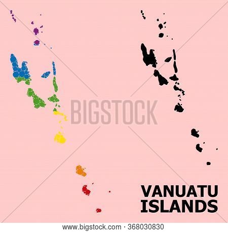 Rainbow Colored Mosaic Vector Map Of Vanuatu Islands For Lgbt, And Black Version. Geographic Mosaic 