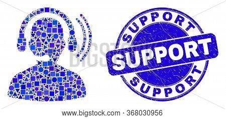 Geometric Radio Operator Headset Mosaic Pictogram And Support Seal. Blue Vector Round Textured Seal 