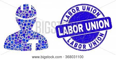 Geometric Repairman Mosaic Pictogram And Labor Union Watermark. Blue Vector Round Textured Watermark