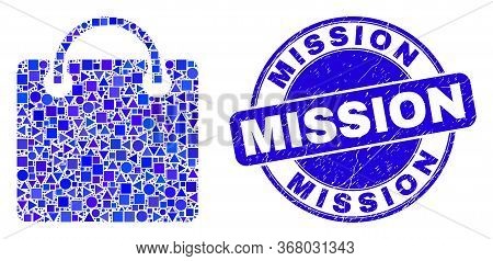 Geometric Shopping Bag Mosaic Icon And Mission Seal Stamp. Blue Vector Round Distress Seal Stamp Wit