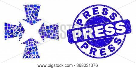 Geometric Shrink Arrows Mosaic Pictogram And Press Seal Stamp. Blue Vector Round Textured Watermark 